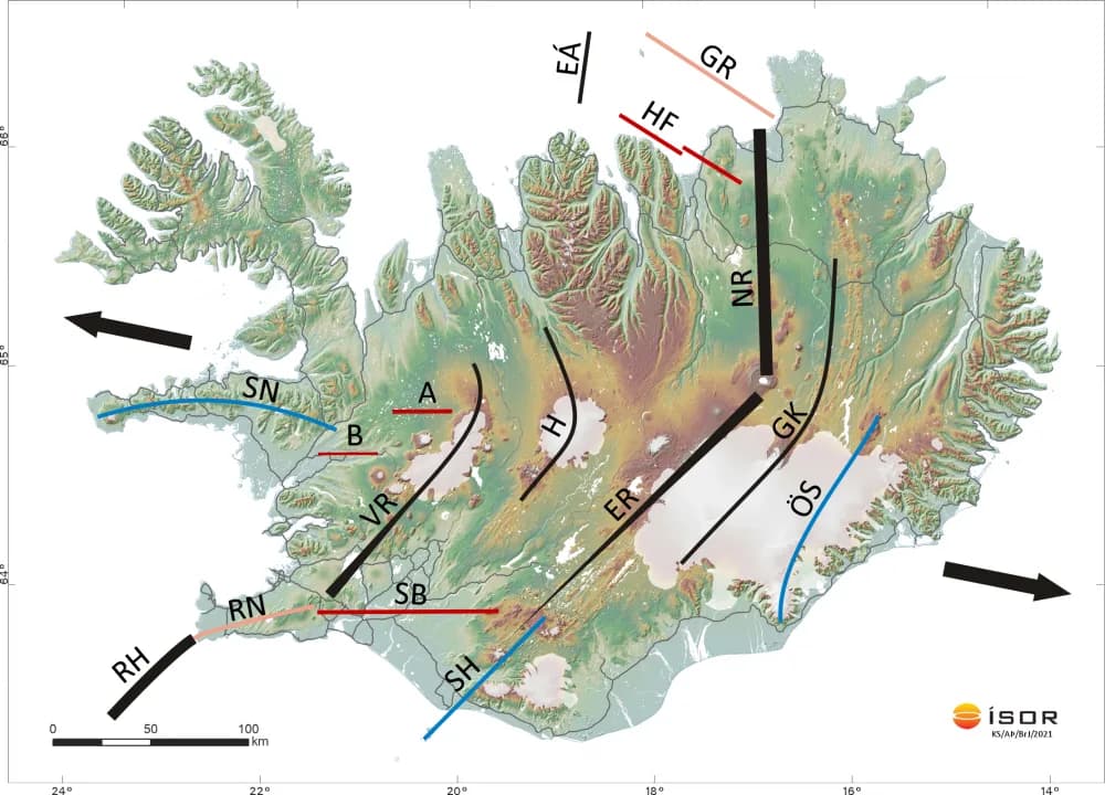 The main tectonic elements of Iceland. Drawing: ÍSOR.