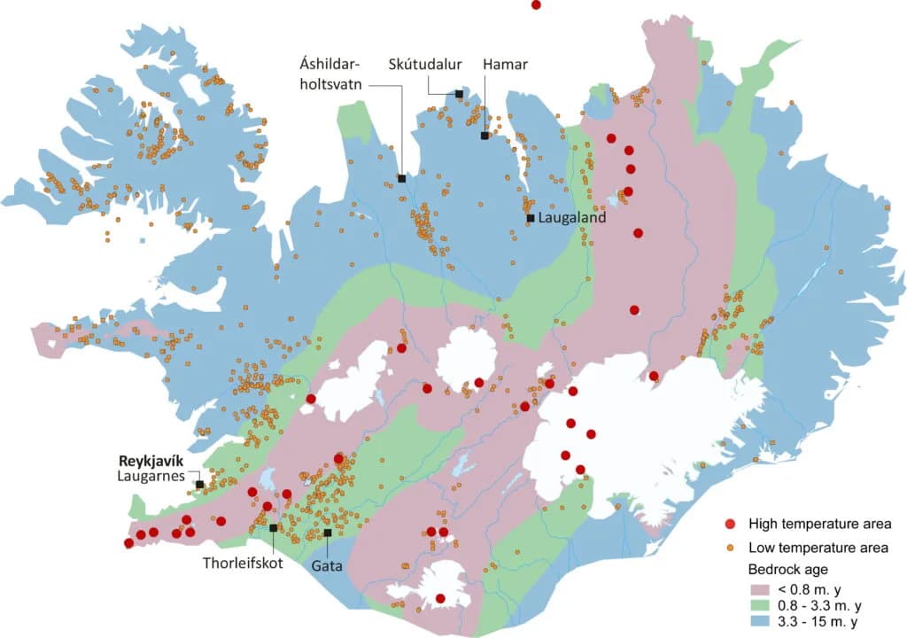 Map of the main geothermal areas and sites in Iceland.