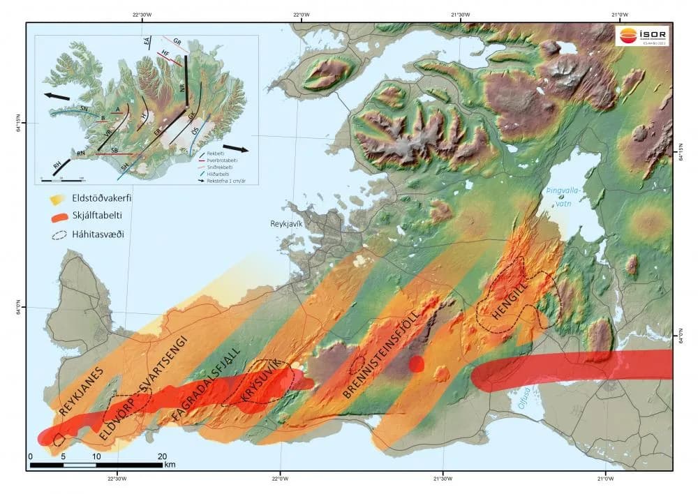 Volcanic systems, fracture belts and rift belts on the Reykjanes peninsula. Drawing: ÍSOR.