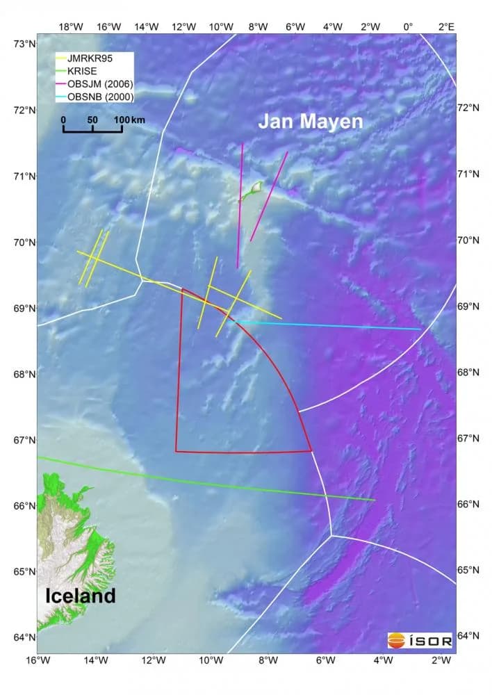 Seismic refraction survey lines in the Dreki area, NE of Iceland. Drawing: ÍSOR.
