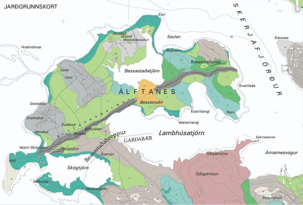 Part of a surficial-geology map. Mapping by ÍSOR.